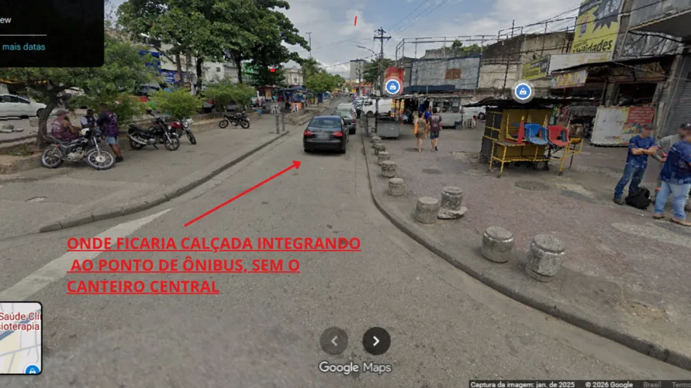 No mapa: local onde ficaria a cal&ccedil;ada integrada ao ponto de &ocirc;nibus, sem a presen&ccedil;a do canteiro central.